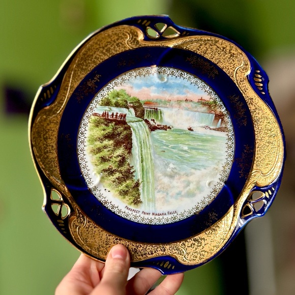 Other - VTG Still Life Niagara Falls Golden Navy Porcelain Nature Plate Decor Art